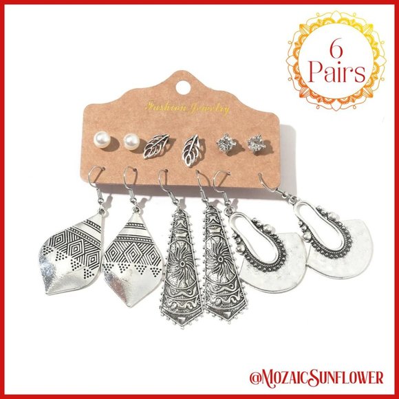 6 Pairs Boho Exotic Antiqued Etched Design Silver French Hook and Post Earrings - Picture 1 of 6